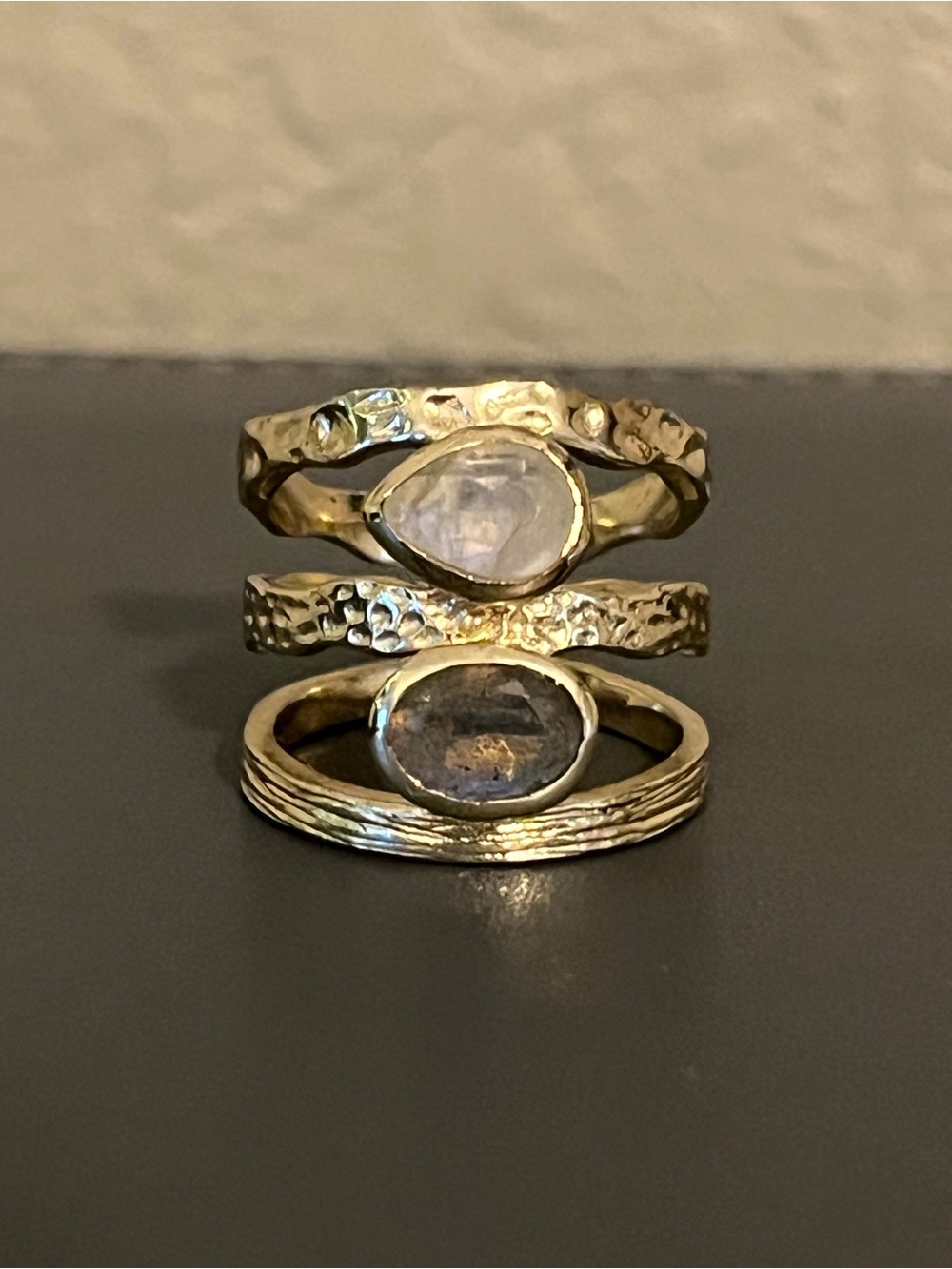 Gold Hammered Stacking Rings with Moonstone and Labradorite - Women's Jewelry
